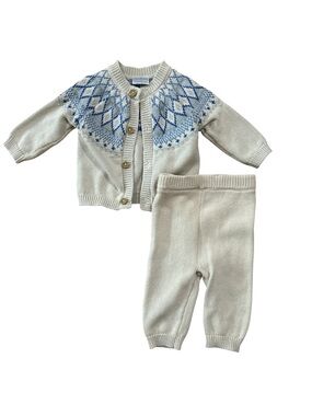 Ivory Knit Baby Set with Blue Fair Isle Yoke